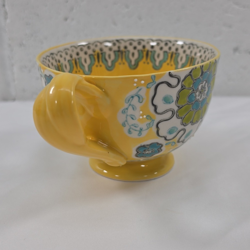 Anthropologie Elka Ayaka Pedestal Cup Mug Yellow Teal Floral Twisted Handle 10oz - Picture 4 of 11
